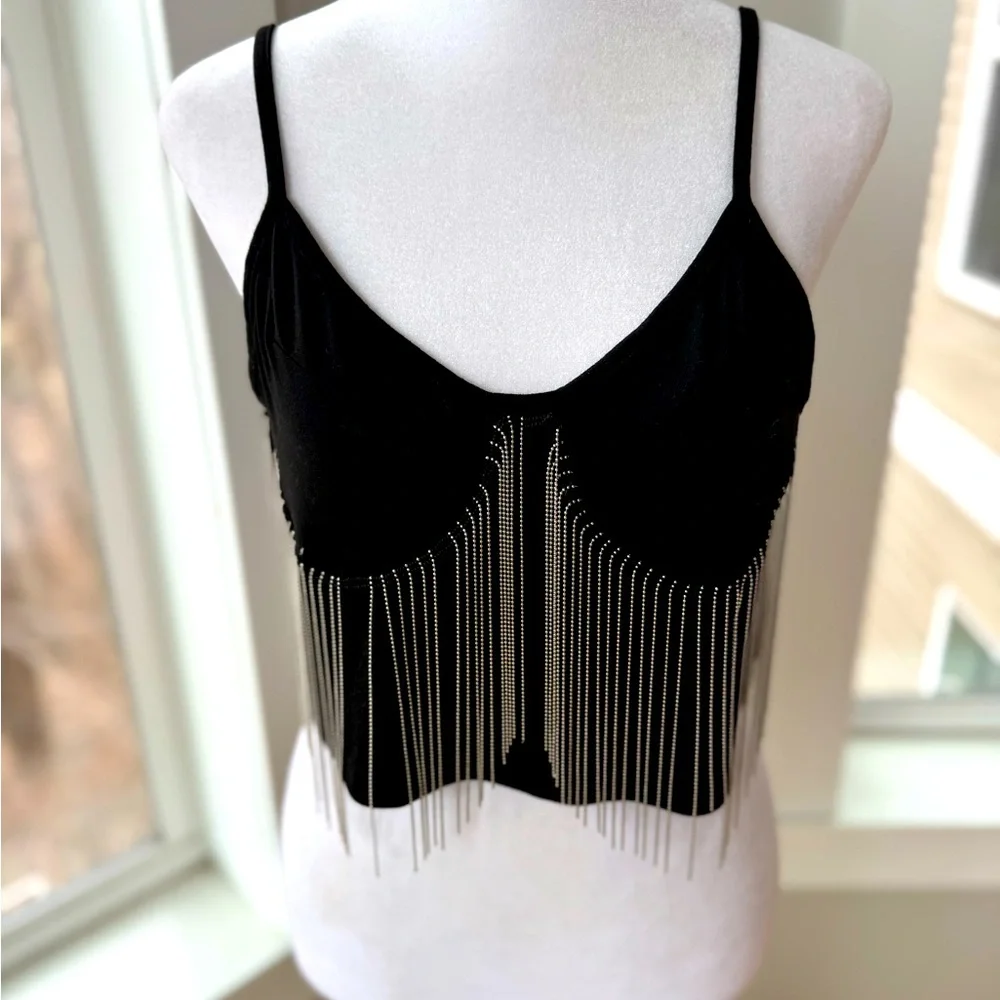 SHEIN Black Silver Bead Chain Corset Going Out Top Adjustable Spaghetti Straps L
